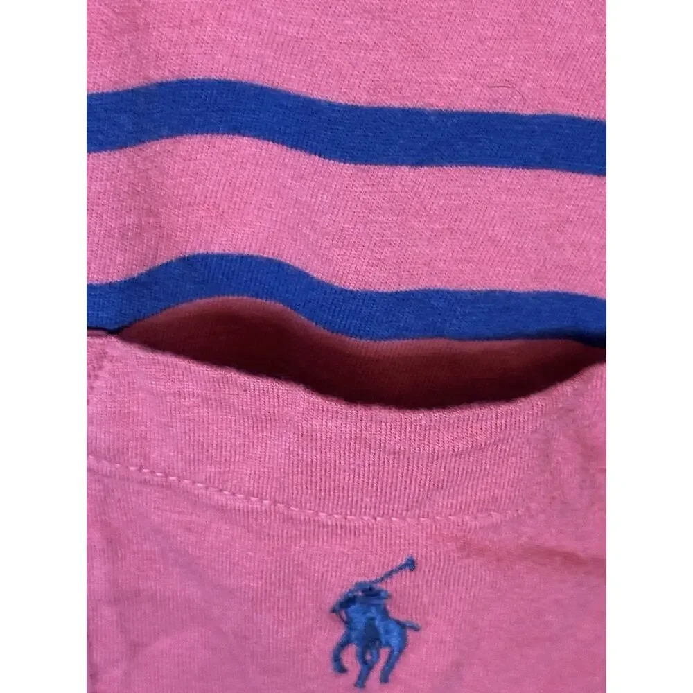 Polo Ralph Lauren T-Shirt Mens Large Coral Red Navy Striped Pocket Slim Nautical